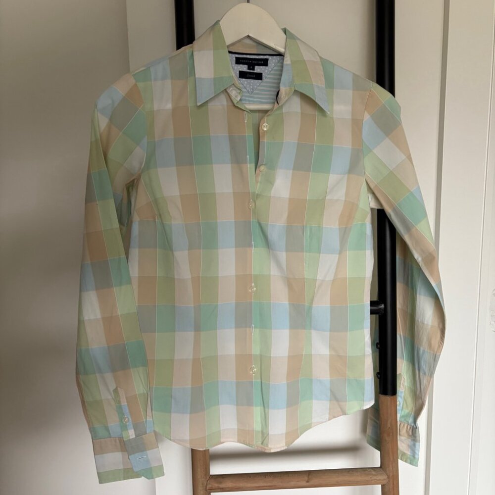 Tommy Hilfiger Women's Button-Down Stretch Shirt US4 Checkered Pastel Green